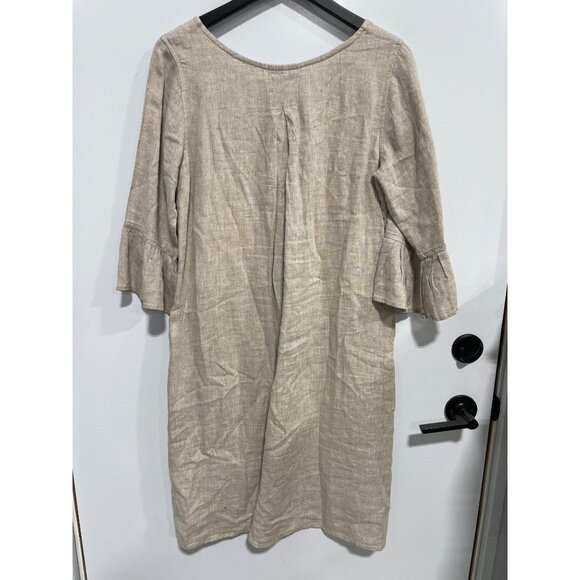Crown Linen Designs Shift Dress Size Small Knee Length Ruffle Bell Sleeve Beige - Picture 3 of 7
